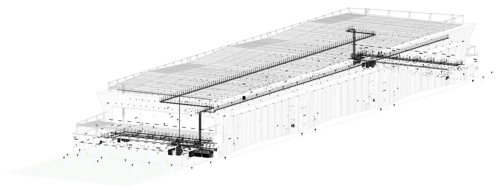 3D view of the hangar electrical model: a long roof with containment running the full length, a riser at one end and the electrical room at the other